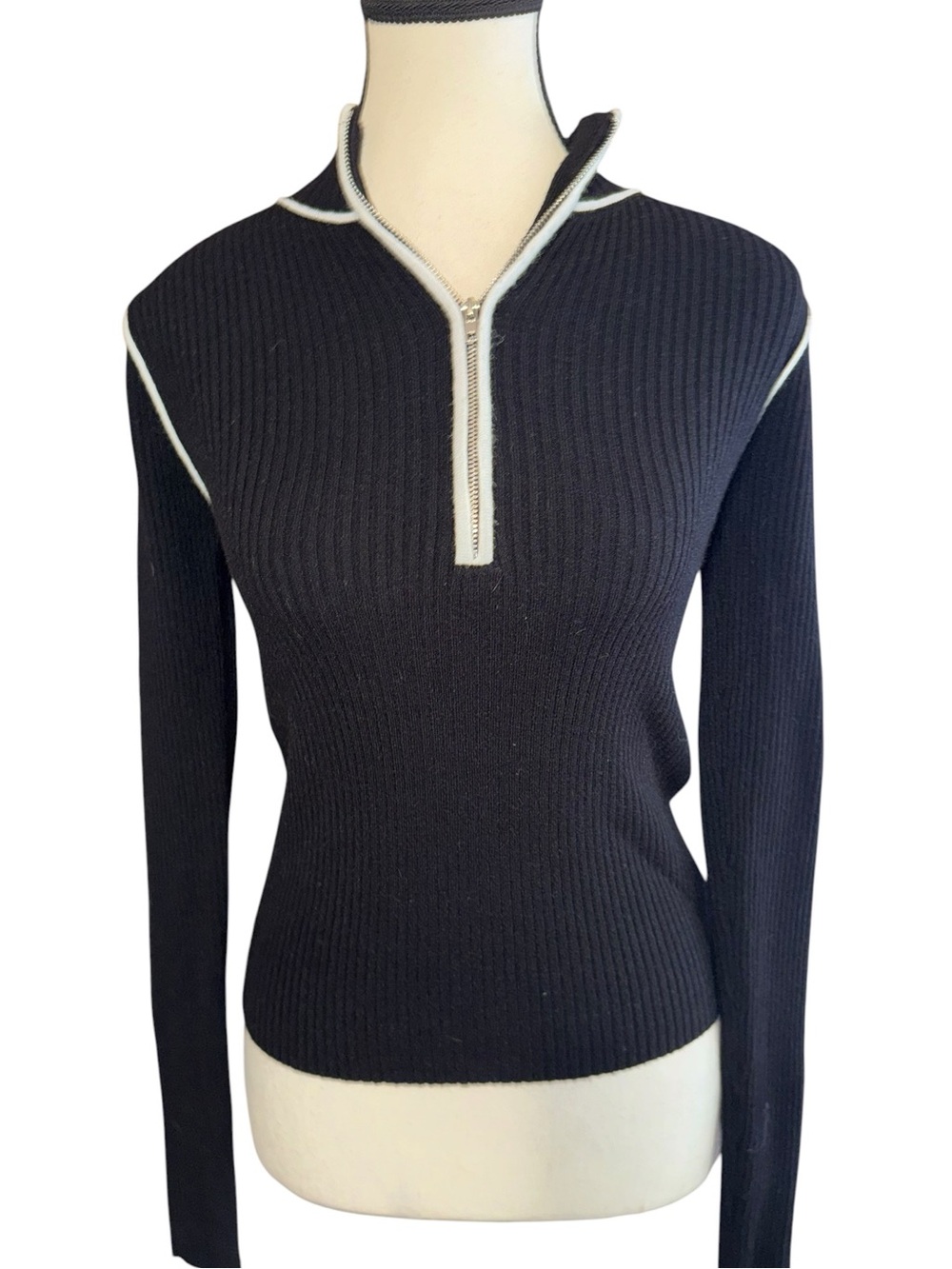 Sanctuary x EVEREVE Rib Knit Quarter Zip Sweater Black White NWT XS